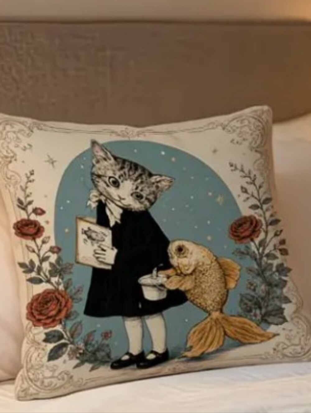 Whimsical Cat & Fish Decorative Throw Pillow Case - Blue Accent